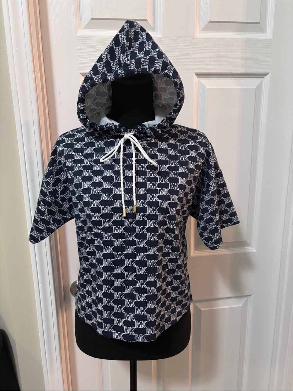 Michael Kors Midnight Blue and White MK Logo Short Sleeve Hoodie